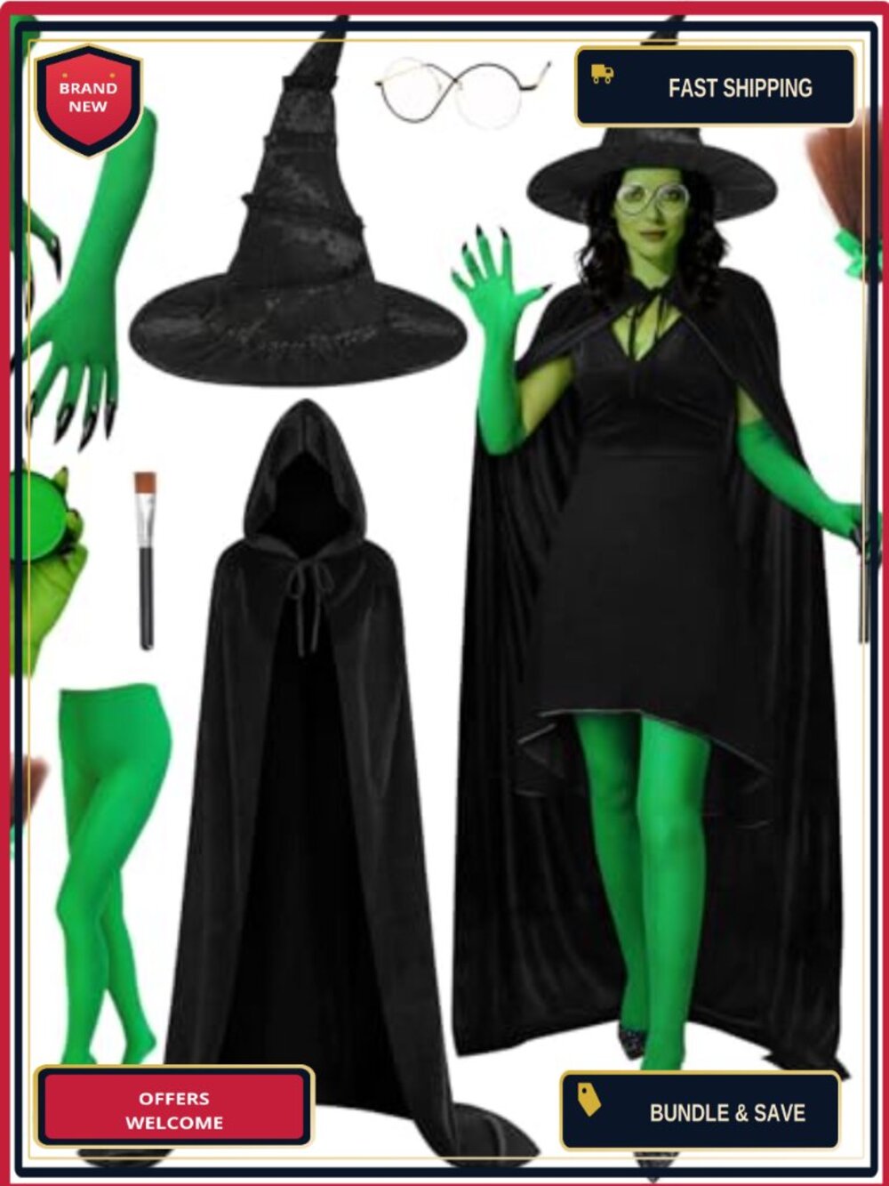 Witch Costume Set Adult 8 Pcs Velvet Cape Hat Gloves Broom Halloween Cosplay